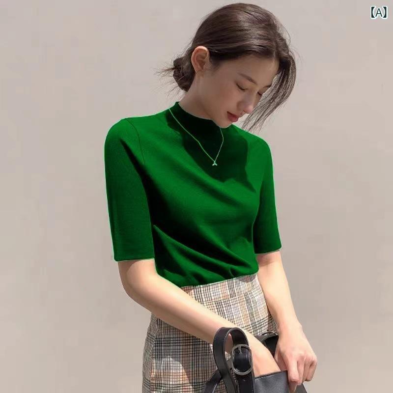 樂天商城 - 韓国の シンプルな 半袖の ニットの 女性 2023の 新型の 春と 秋の 中に 薄い タイプの 底の シャツを 掛けて 身を 修めて やせて いる 上に 服を 現します。