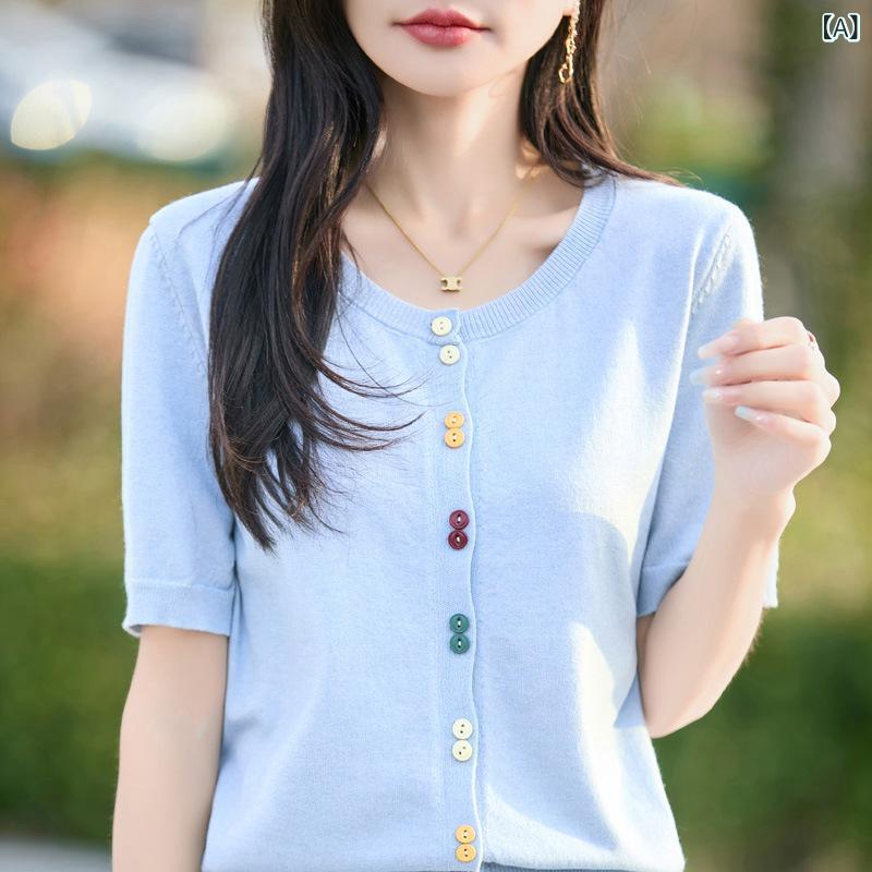 Other - 韓国 風の シンプルな スタイルの カラフルな ボタンラウンドネック 半袖 ニット カーディガン 女性の 薄い 夏の 新しい スタイルの ファッショナブルな 年齢を 軽減 する トップ