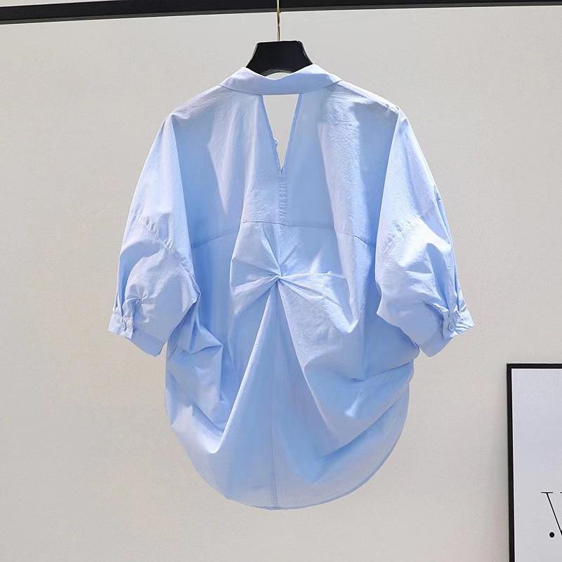 Other - シャツ レディース 夏季 韓国風 ワイド プリーツ 半袖 スタイリッシュ ゆったり トップス 気質 通勤 セットアップ 気質 優雅 涼感 ポリエステル 色ブロック 切り替え デザイン 翻領 通常袖 袖丈 5分 ゆったり版型 韓国スタイル