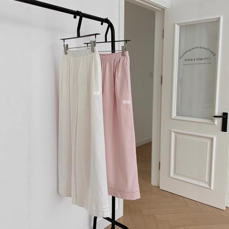Cropped Pants - レディース ワイドパンツ 直筒 九分丈 韓国風 日常 通勤 百搭 スリム ゆったり 松緊腰 高腰 コットン 微弾力 純色 白色 ピンク 2025夏 オールシーズン 軽量 伸縮性 再生繊維 免烫処理 部屋着 アウトドア 普段使い カジュアルスタイル ビッグ