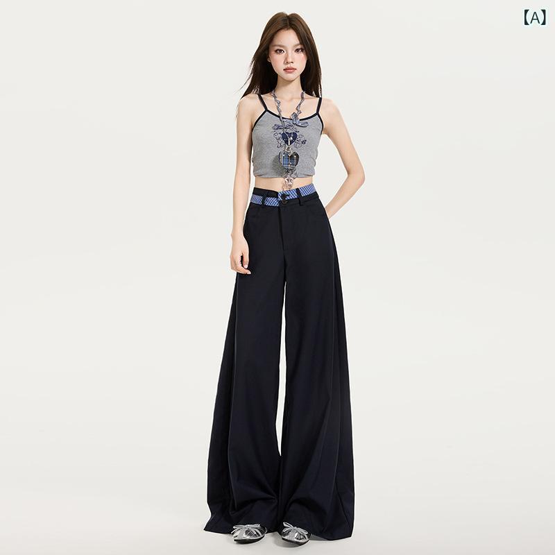 Cropped Pants - レディース ワイドパンツ 長丈 ハイウエスト 薄手 切り替え ポリエステル レイヨン 混紡 ゆったり スリムライン ボディカバー ファッション コーディネート デイリー ストリート スタイル 日韓 カジュアル 2025 夏 ネイビー