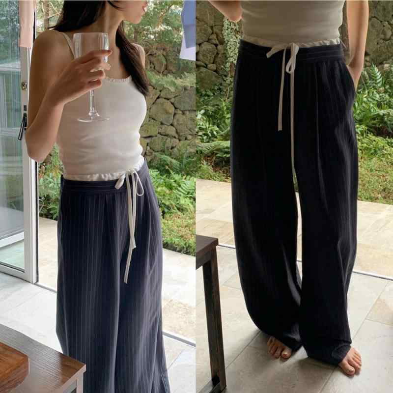 Cropped Pants - レディース ワイドパンツ スーツパンツ ハイウエスト ストライプ柄 カラーブロック 切り替え 韓国風 春夏 長丈 快適 ストレッチ ネイビー グレー