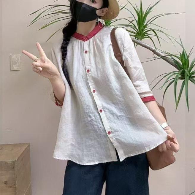 Other - レディース シャツ 開衫 苎麻 麻素材 接触冷感 立領 ピックアップカラー 七分袖 切り替え ボタン ワイドフィット ルーズシルエット 普通丈 シャツスリーブ コットン混紡 95%以上 日常使い 通勤 デイリー カジュアル 韓国風 シンプル 夏 春夏