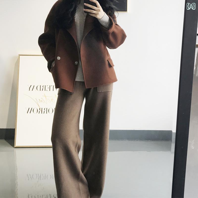 Capri Pants - レディース ニット ワイドパンツ 秋冬 毛混紡 コットン 素材 緩いシルエット ロング丈 標準厚 単色 焦糖 驼色 オリーブグリーン 黒 通勤 気質 スタイル 優雅 ファッション 韓国風 カジュアル 普段使い 女性用 広脚型 膝下丈 暖かみ 柔らかい 履