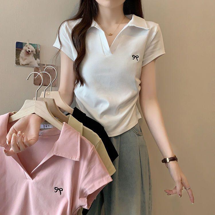 Other - Tシャツ レディース 短袖 修身 短丈 POLO領 蝶結び 刺繍 かわいい 女性用 トップス 綿 スパンデックス 混紡 セットネック シンプル セクシー 辣妹 日韓 スタイル 夏 春夏 白 黒 ピンク 緑 カジュアル 日常使い