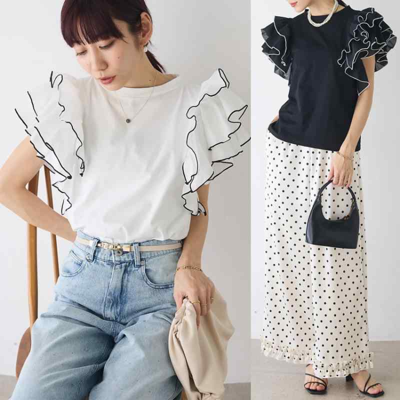 レディース Tシャツ 春夏 かわいい フリル袖 ニット トップス ゆったり 丸首 短袖 無地 ブラック ホワイト 通勤 普段使い 都市 カジュアル スタイル 透気性