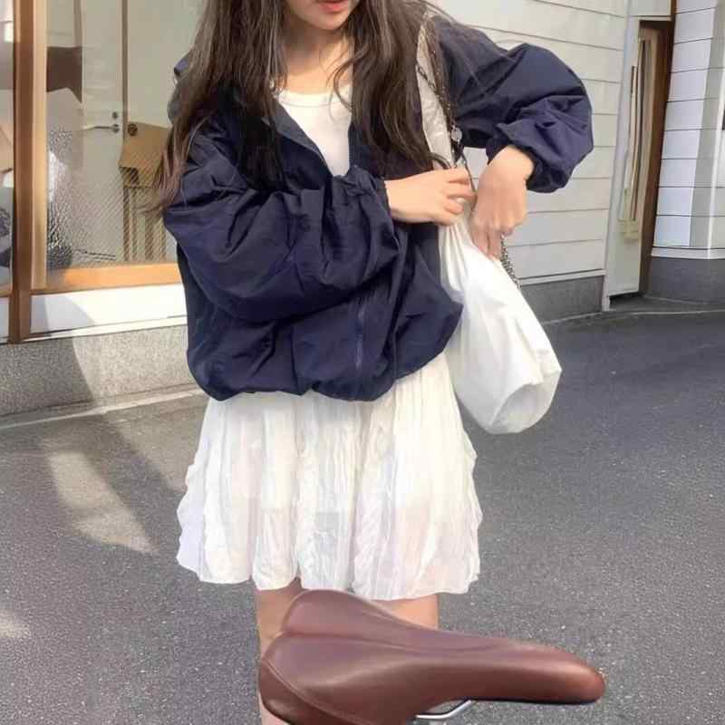 レディース ジャケット 韓国風 屋外 紺 防晒 防風 ワイドシルエット カジュアル マルチユース 軽量 薄手 通気性 長袖 ポロカラ ジップアップ 私服 夏 雪尼尔 素材 純色 単品 成人女性 普段使い アウトドア
