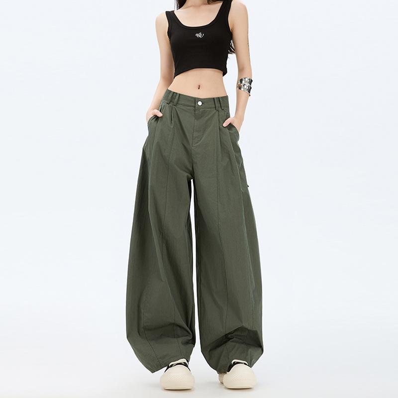 Cropped Pants - レディース ワイドパンツ 夏 コットン 素材 高腰 プリーツ デザイン 軍緑 ロング丈 ゆったり シルエット 落ち感 あり 百搭 スタイル 日韓 カジュアル ストリート ファッション 軽量 無弾性 水洗い加工