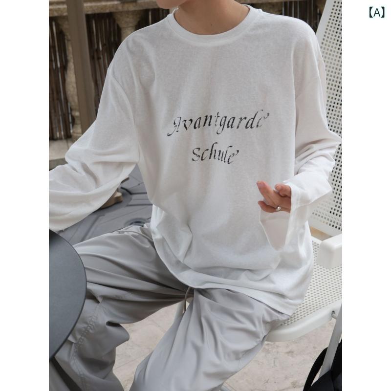 Tシャツ レディース 長袖 防晒 軽薄 透気 綿混紡 ポリエステル コットン ワイドシルエット ラウンドネック セットアップ 切り替え プリント 文字柄 数字柄 ゆったり ルーズフィット 中長丈 韓国風 カジュアル 慵懶スタイル 日韓ストリート 夏用 白