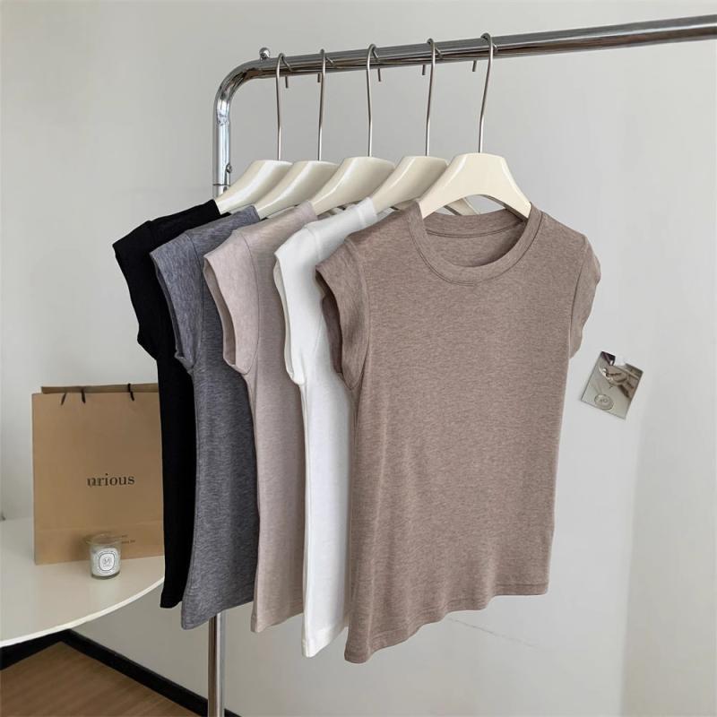 Tシャツ レディース 短袖 丸首 後ろ包領 フレアスリーブ 綿混 ポリエステル ワイドシルエット ゆったり 夏用 透気性 アイボリー グレー ブラック 深トープ 韓国風 カジュアル