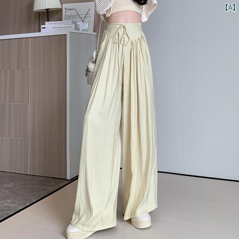 樂天商城 - レディース ワイドパンツ 春夏 薄手 高腰 細ストラップ 切り替え ルーズフィット ロング丈 接触冷感 ポリエステル スパンデックス ミックス 微弾性 日系 韓国風 カジュアル 黒 ベージュ グリーン 快適 デイリー ルームウェア