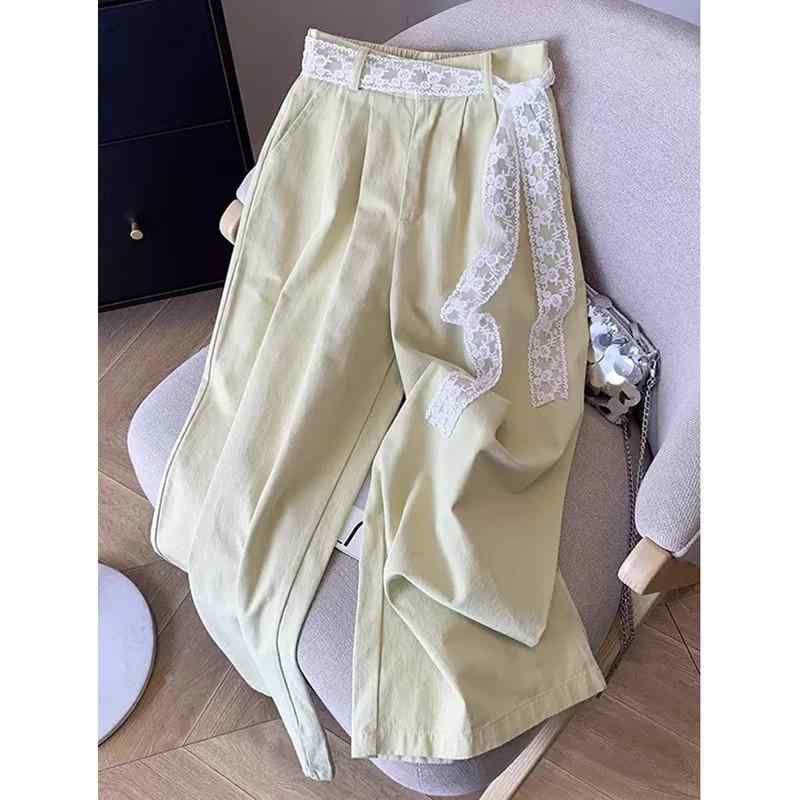レディース ワイドパンツ レース 腰紐 直筒 ロング ハイウエスト 薄手 ポリエステル スパンデックス 混紡 微弾性 ポケット 付き 韓国風..