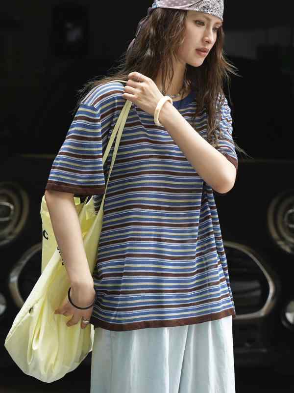 ニット トップス レディース 夏 短袖 3分袖 丸首 ゆったり かわいい 撞色 ストライプ 接触冷感 涼しい ドライ 通気性 単品 綿混 ビスコース ポリエステル 薄手 ブルー ブラウン 日韓 カジュアル スタイル 普段使い 軽量 伸縮性 部屋着 アウト