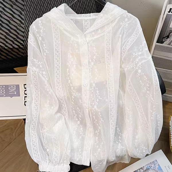 シャツ レディース 開衫 長袖 刺繍 フード 透気 薄手 中長 防晒 帽子付き 抽绳 ポリエステル 白色 秋 2025 日韓 休闲 快適 普段使い アウトドア 上衣 外套