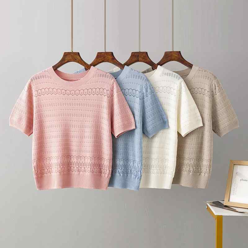 Tシャツ 女性用 短袖 ニット 丸首 セットアップ 切り抜き デザイン 通気性 接触冷感 再生繊維 修身型 短丈 気質 通勤風 白色 黒 ピンク 純色 スタイル