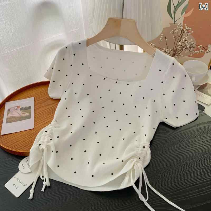樂天商城 - Tシャツ レディース 方領 短袖 花柄 ポリエステル 波点柄 修身 短丈 綿密 透気性 肌触り 良い バインダー デザイン ファッション 韓国風 日常 デイリー 春夏 白 黒 杏 天藍 緑