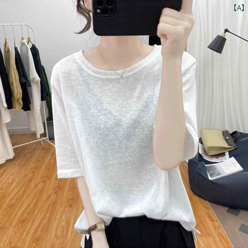 レディース Tシャツ 短袖 トップス 薄手 上衣 夏 韓国風 丸首 ゆったり 透気 インナー 復古 麻素材 綿 95%以上 都市風 通勤 気質 白色 黒 藍紫 紫粉 浅藍 春季 切り替え 加工