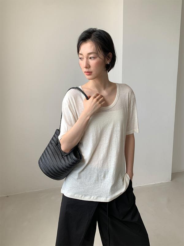 Tシャツ レディース 短袖 麻 軽量 通気性 無地 韓国風 シンプル ミント ホワイト ネイビー 丸首 セットアップ ステッチ 立体装飾 修身 普通丈 韓国スタイル 日常使い 快適 薄手 2025夏