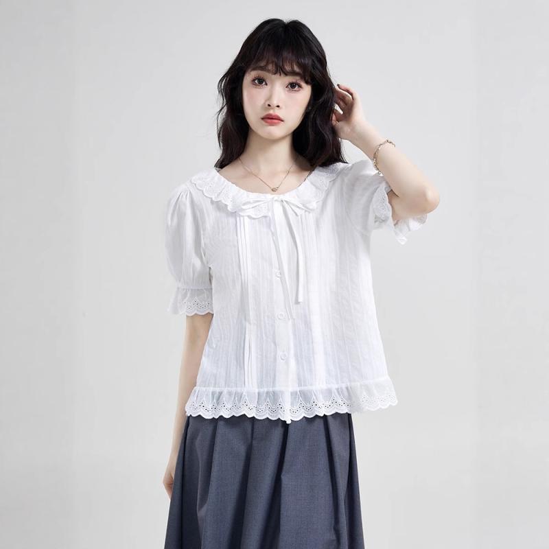 Rakuten - 白 シャツ レディース 短袖 泡泡袖 丸首 かわいい 甘め 春夏 軽やか シルエット 百搭 トップス コットン 素材 爽やか スタイル 日常使い フェミニン フレッシュ デザイン ゆったり フィット 女性用 インナー