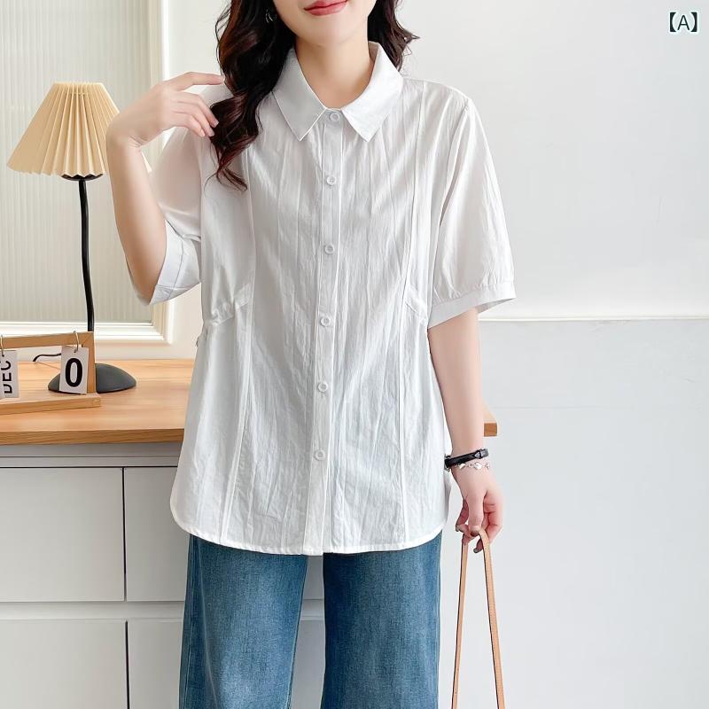 Rakuten - レディース シャツ トップス 女性用 大きいサイズ 春夏 短袖 綿素材 切り替え 収腰 ポロカラー ボタン 単排 純色 白 黒 ピンク 快適 日常使い 韓風 ファッション 軽量 通勤 普段着
