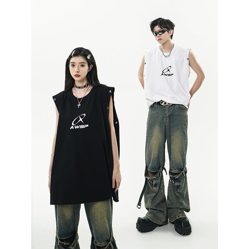 Rakuten - メンズ タンクトップ 無袖 Tシャツ 直筒型 薄手 精梳棉 透気性 丸首 セットアップ 黒 白 夏 ヒップホップ ストリート ファッション 印花 中国文化 柄 ティーンエイジャー 休日 カジュアル トップス ゆったり フィット 綿素材 軽量 ベーシック