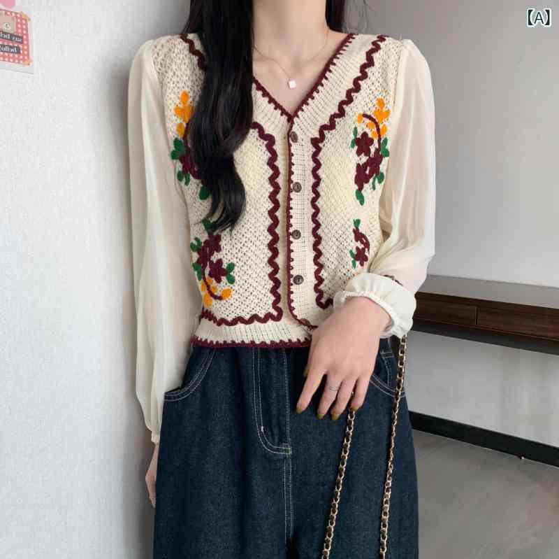 Other - レディース シャツ トップス Vネック 九分袖 短袖 切り替え レース ニット ワイド シルエット 御姐風 私服 名媛風 酒紅 褐 紺 ボタン スナップ スタイル 秋冬 シーズン 雪ニール 生地 アセテート繊維 ストレッチ 素材 軽量 感触 日常 着用