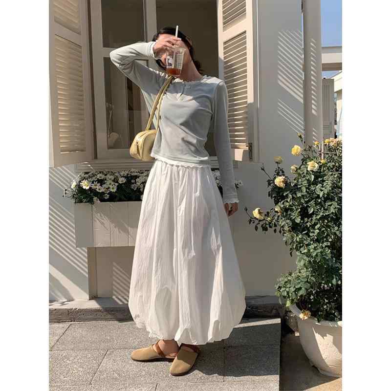 樂天商城 - スカート レディース 花苞 半身 中長丈 春夏 白色 黒 灰 韓系 デザイン 高腰 ゆったり ルーズ マイクロストレッチ プリーツ加工 ポケット付き ポケット 純色 日常使い 韓国スタイル カジュアル