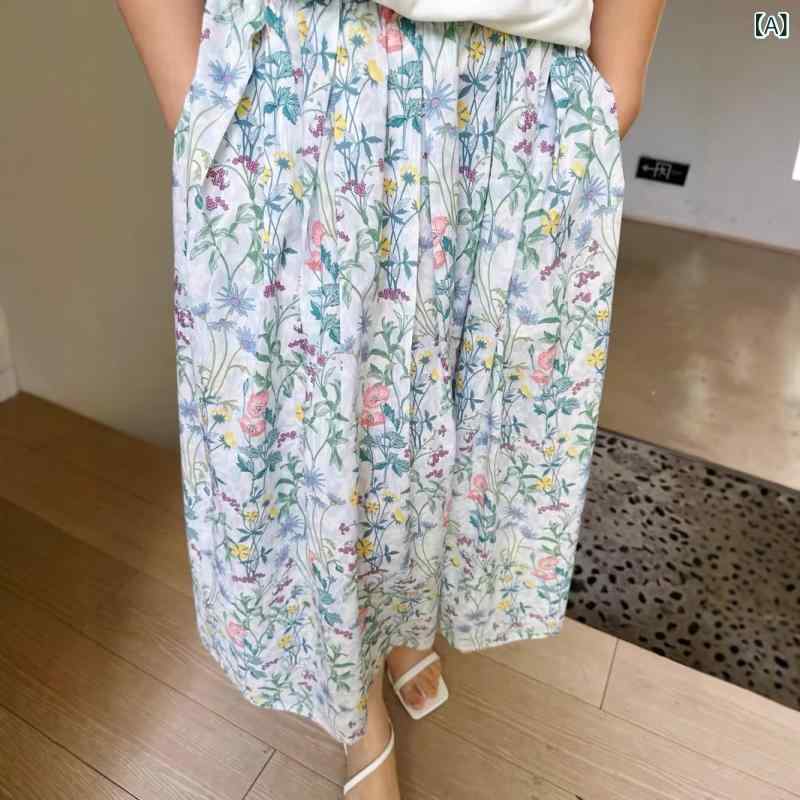 半身スカート ミディ丈 綿素材 ブルー 碎花 プリント ワイド ゆったり 気質 通勤風 春夏 オフィス 普段使い 2