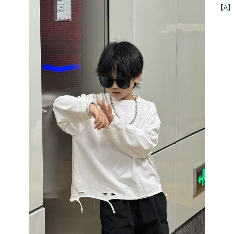 Rakuten - 男の子 Tシャツ 長袖 春装 破れ デザイン 純色 白色 ゆったり フィット 韓国風 上衣 3-14歳 対応 ポリエステル 混紡 素材 丸首 デザイン 子供 服 トップス 男児 長袖T 春物 シンプル スタイル カジュアル キッズ ウェア 日常使い 軽や