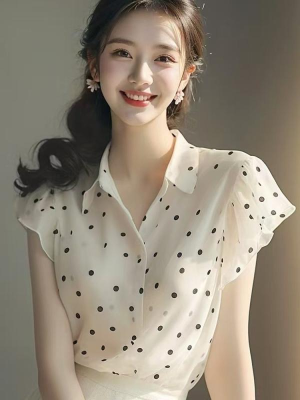 Other - レディース シャツ トップス 白色 波点柄 翻領 短袖 直筒型 夏 春夏 気質 優雅 私服 化繊 涤纶 聚酯繊維 シングルブレスト 多ボタン ドット柄 韓国風 復古風 百搭 絶美 日韓風
