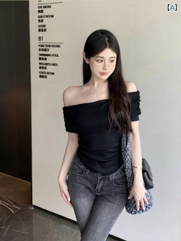 Rakuten - Tシャツ レディース 黒 短袖 丸首 肩出し ワンショルダー 修身 スリムフィット かわいい 短丈 トップス 夏 韓国風 スパイシー 甘め 私服 セレブスタイル 軽量 伸縮性 免烫 加工 ビーズ 装飾 コットン混 ポリエステル スパンデックス 漫画 柄