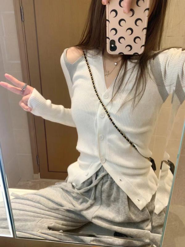 ニット セーター レディース 春夏 Vネック 長袖 開衫 修身 切り替え 単色 中厚手 ...