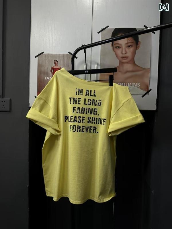 乐天商城 - Tシャツ レディース 夏 短袖 丸首 ワンショルダー 斜め肩 プリント 切り替え 黄色 白 グレー 伸縮性 インナー 普段使い 私服 コーディネート トップス ブラウス インナーウェア 軽量 涼しい 吸湿速乾