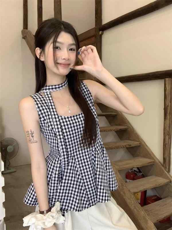 Other - キャミソール レディース 韓国風 かわいい 格子柄 Uネック ハングネック 無袖 吊り帯 夏 トップス 切り替え ワイド ルーズ スリム ショート丈 黒白 気質 通勤 ポルカドット 3D ポリエステル 気質 優雅 東南アジア 2025 夏 気質 通勤風