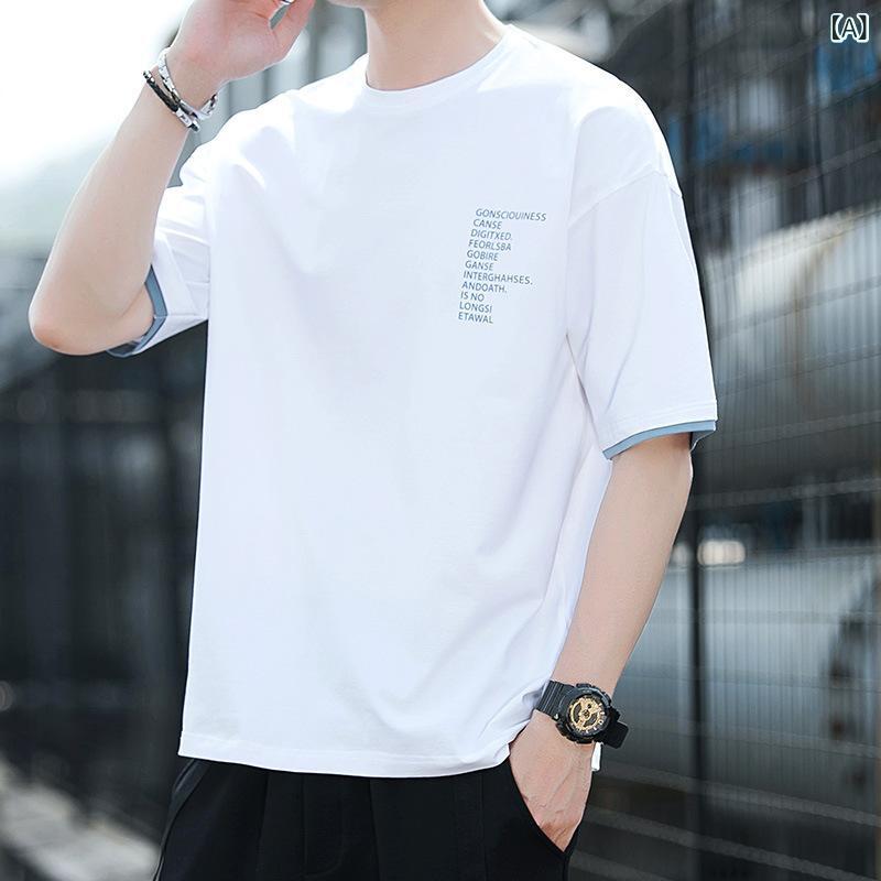 メンズ Tシャツ 短袖 夏用 韓版 トレンド ゆったり トップス 学生服 半袖 夏服 綿 無地 ゆったりシルエット 薄手 ノーカラー 丸首 吸湿速乾 印花 幾何学柄 免烫 処理 白色 ピンク 黒 黄色 深灰 霧青 青春 流行 18-24歳 男性 成人 休