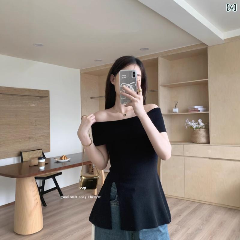 Other - Tシャツ レディース 短袖 トップス 針織 一字肩 開叉 収腰 修身 短丈 飛袖 純色 ポリエステル 気質 通勤 セクシー ブラック ピンク 緑 ブルー 杏 春夏 かわいい 軽量 伸縮性