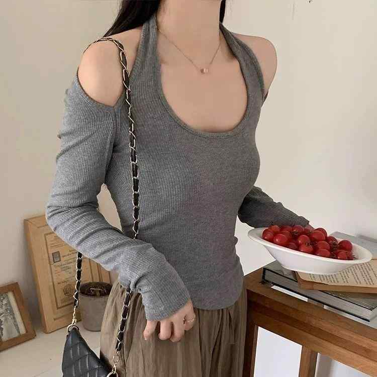 Other - Tシャツ レディース 春夏 低胸 Uネック ハングネック 肩出し タイト 長袖 トップス 高弾性 スパンデックス 無地 プルオーバー スリムフィット スクエアネック イージースリーブ クロシェ加工 シンプル セクシー 韓国風 黒 白 グレー かわいい 普