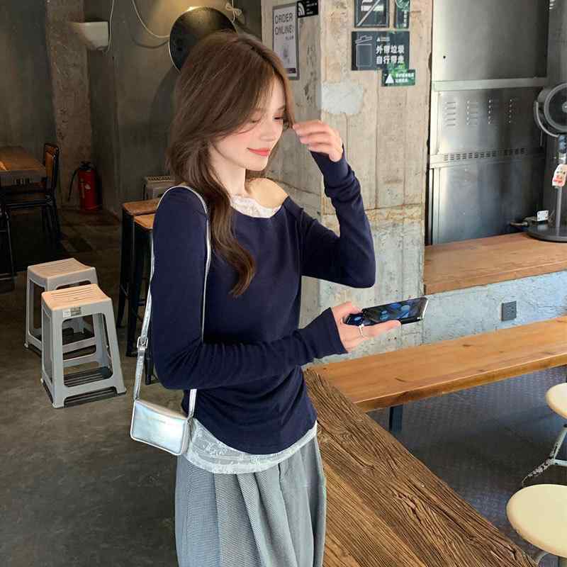 Tシャツ レディース 長袖 斜肩 レース 切り替え 修身 露肩 トップス 粘着繊維 スパンデックス セットアップ セーター 私服 かわいい セ..