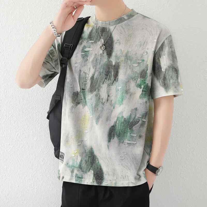 樂天商城 - Tシャツ メンズ 短袖 夏 破れ インクプリント 透気 綿 シルク 混紡 ゆったり トップス 日常 カジュアル 薄手 白 緑 黒 青 青年 野球 風