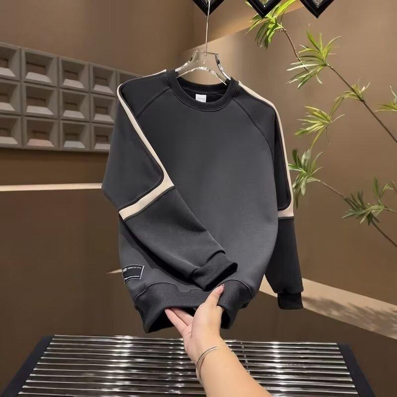 T-Shirts - メンズ スウェット フーディ 秋冬 裏起毛 長袖 ルーズフィット ラウンドネック トップス コットン混紡 合体型 ピッキング 省略ポケット 日常 灰 黒 杏 通勤 普段使い アウトドア 軽量 伸縮性 免燙 青少年 18-24歳 韓風 青春 流行 純色 セ