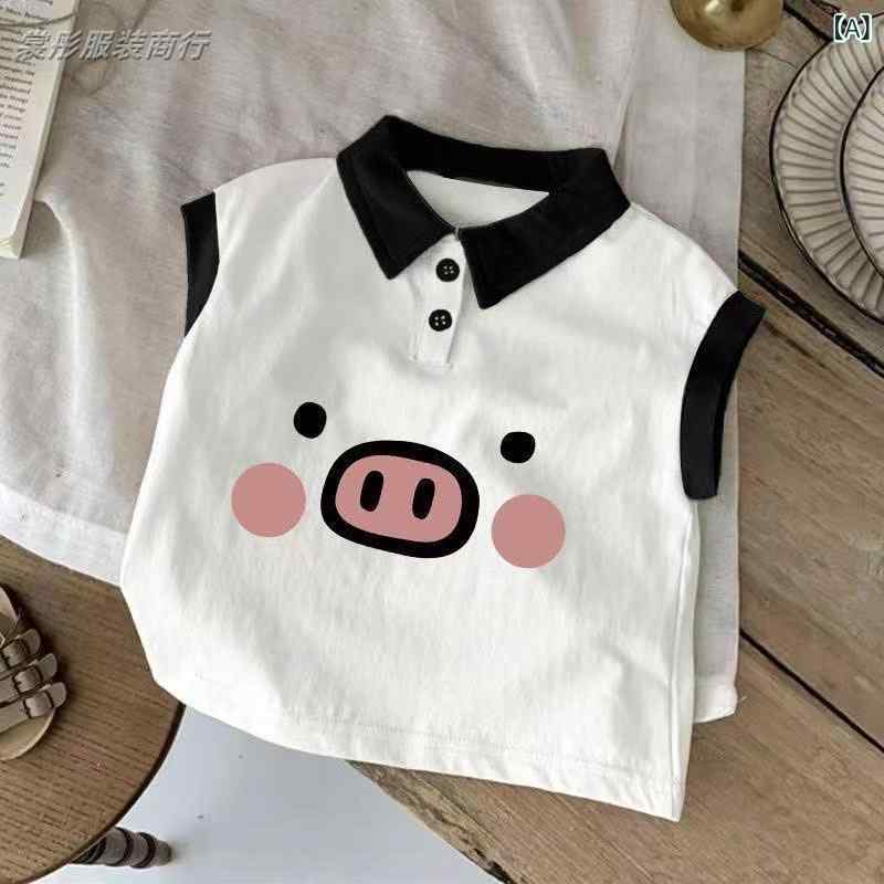男の子 女の子 ポロシャツ 無袖 切り替え コットン 春夏 夏 トップス ユニセックス 子供服 かわいい 動物柄 熊猫 ライオン ピッグ ライン カラフル ヘルシー ドラゴン スマイル プリント 加工 90-150cm 3-8歳 100-140cm ホワ