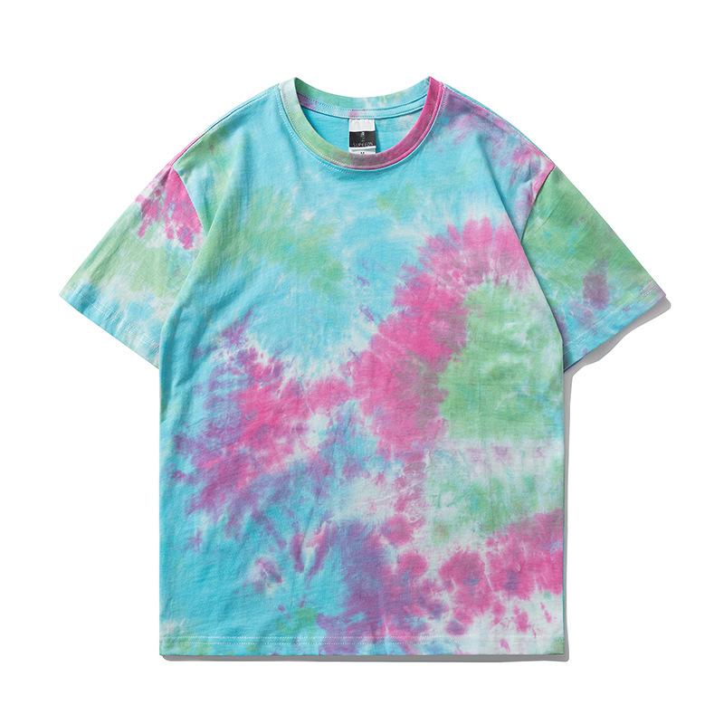 樂天商城 - Tシャツ メンズ レディース 春夏 短袖 綿 100% タイダイ柄 抽象柄 ヒップホップ ストリート ルーズフィット 透気性 ティーン向け ユニセックス カジュアル 日常使い アウトドア 夏服 カラフル グラデーション 緑 黒 ブルー