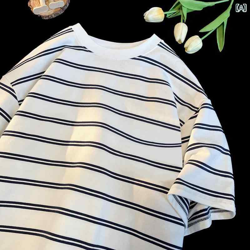 Rakuten - Tシャツ メンズ 短袖 ストライプ柄 綿100% 丸首 ゆったりシルエット 夏服 復古風 日系 港風 学生向け カジュアル 日常使い 運動 青少年 白色 黒 白黒 半袖トップス ラフスタイル 軽量 普通厚