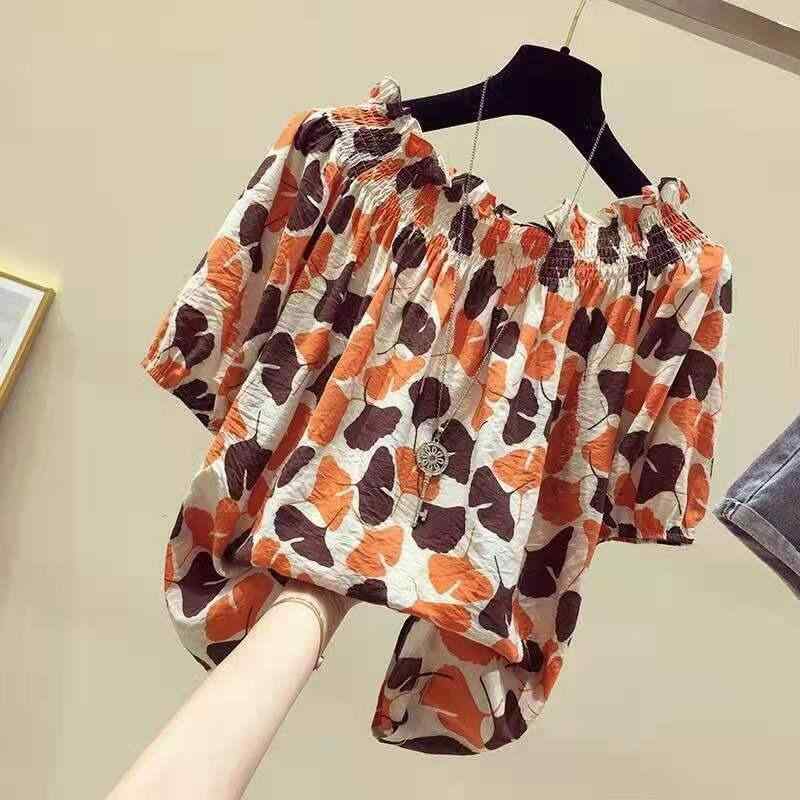 樂天商城 - Tシャツ レディース ワンショルダー 短袖 フラワープリント トップス かわいい 夏服 韓国風 ルーズフィット お腹カバー セットイン 気質 通勤 都市風 快適 休闲 オレンジ 緑