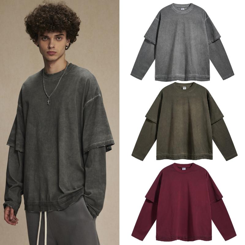 乐天商城 - Tシャツ メンズ 長袖 無地 オーバーサイズ ゆったり ルーズ コットン グランジ加工 洗い加工 廃土風 グレー 赤 ブラウン 秋 秋冬 ストリート ファッション デイリー トップス ユニセックス スタイリッシュ カジュアル レイヤード コーデ 日常使い