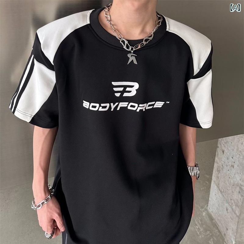 メンズ Tシャツ 短袖 黒 白 夏 韓国風 デザイン 切り替え プリント 肩パッド ゆったり ラグランスリーブ トップス 半袖 涼しい 耐久性 色持ち良い 化繊混紡 透気性 メンズ 服 ストリート カジュアル 休日使い グラフィック モダン シルエット