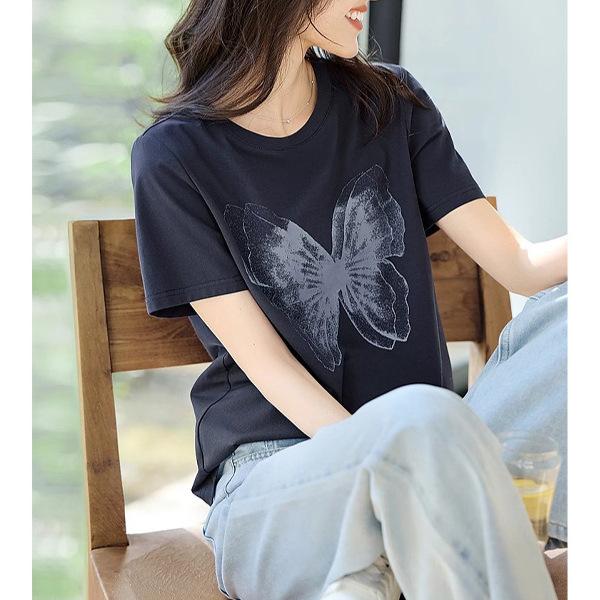 Tシャツ レディース 夏 短袖 丸首 プリント 蝶柄 切り替え ゆったり 通勤 普段使い...