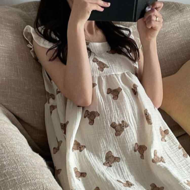 レディース ワンピース 無袖 木耳縁 ベアプリント コットン混紡 超薄手 夏 居家 寝間着 かわいい 甘め 米色 快適 涼爽 少女向け ミドル丈