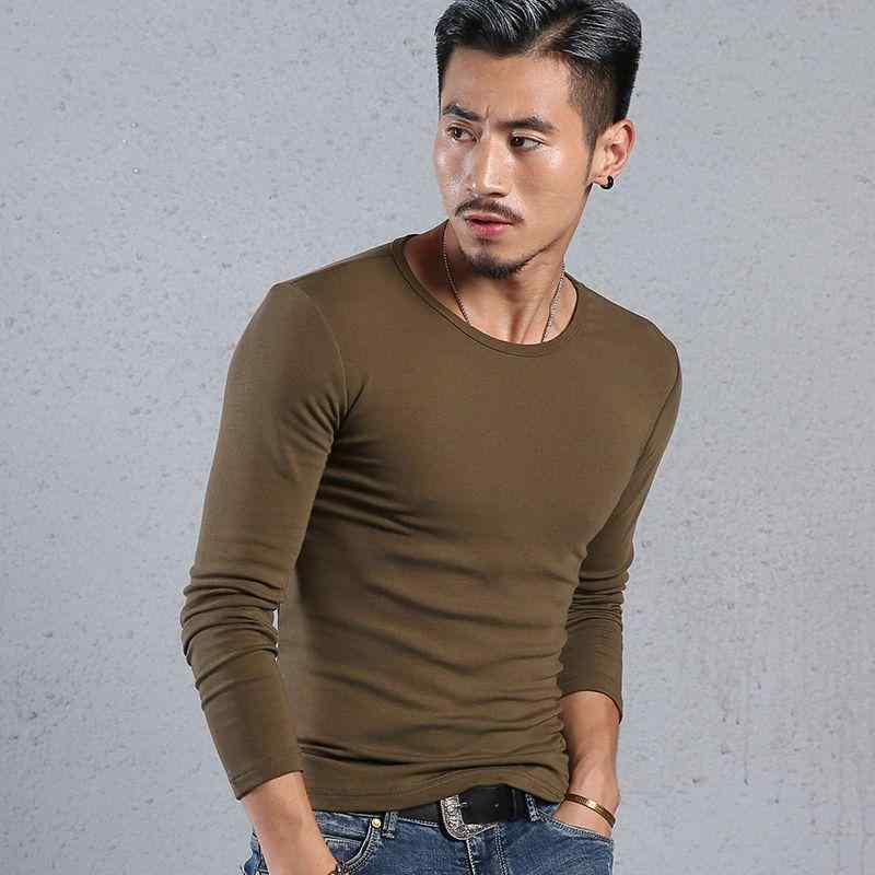 メンズ Tシャツ 長袖 ビッグサイズ 純色 トップス 修身 タイト 伸縮性 インナー シンプル 上衣 秋冬 春夏 薄手 ポリエステル 混紡 素材 丸首 セットアップなし 青春 18-24歳 青年 カジュアル 袖 通常 無地 柄なし 白色 黒 グレー 緑