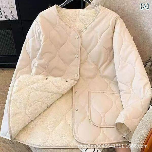 コート レディース 無領 羊毛風 切り替え 菱形格子 秋冬 韓風 ルーズ ショート丈 小香風 保暖 綿服 女性 防寒 気質 通勤 風 米白 黒 長袖 ワイド タイプ 丸首 ボタン 流行 ポリエステル 再生繊維 95%以上 中長丈 65cm超80cm以下
